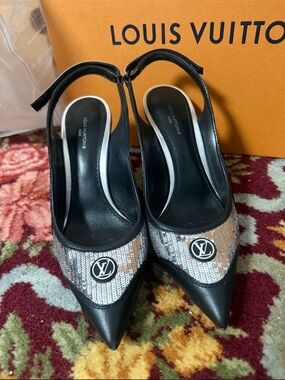 Louis Vuitton Archlight Black and Silver Sequin Pointed Slingback Heels